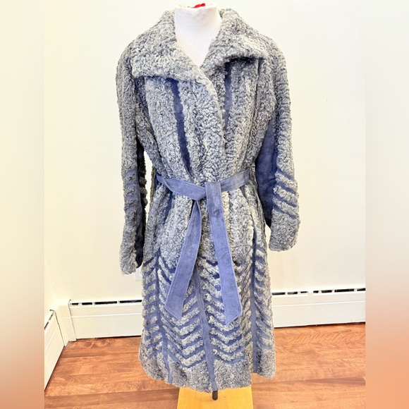 Jackets & Blazers - Vintage gray ASTRAKHAN LAMB sheep & Suede coat Jacket with chevron pattern strip